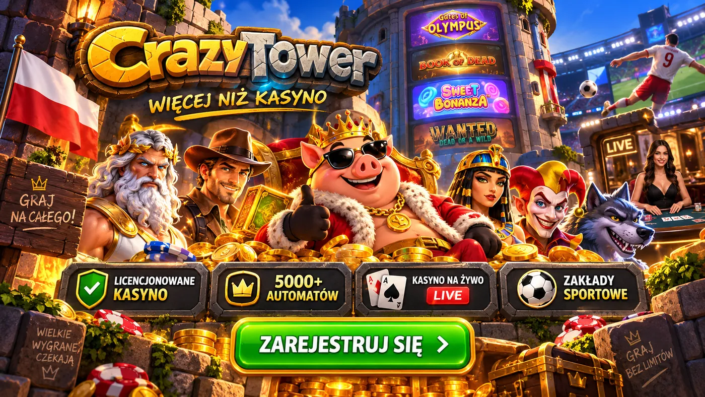 Baner CrazyTower: licencjonowane kasyno, 5000+ automatów, kasyno na żywo i zakłady sportowe