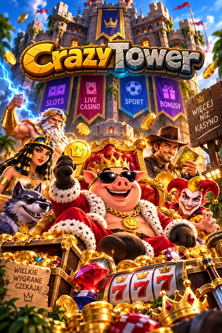 Plakat CrazyTower — król wieży na tronie ze skarbem